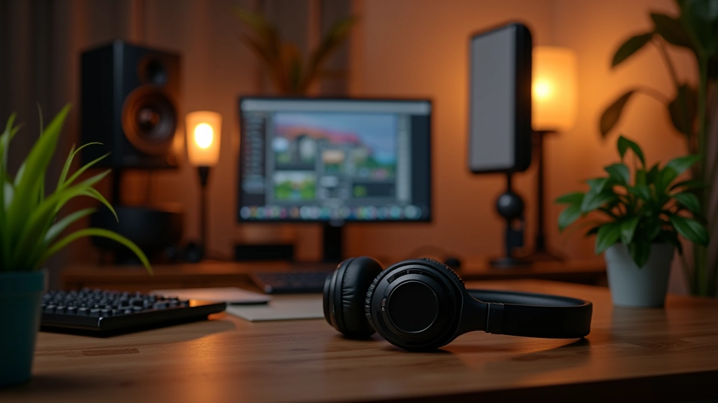 Estúdio moderno com equipamento de áudio profissional, fones de ouvido, notebook e plantas, iluminação quente e aconchegante