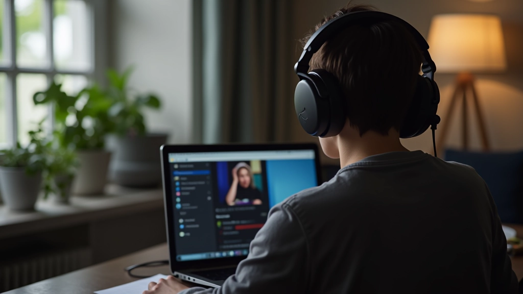 Pessoa com fones de ouvido em frente a laptop, assistindo filme em inglês com legendas, ambiente moderno com luz natural